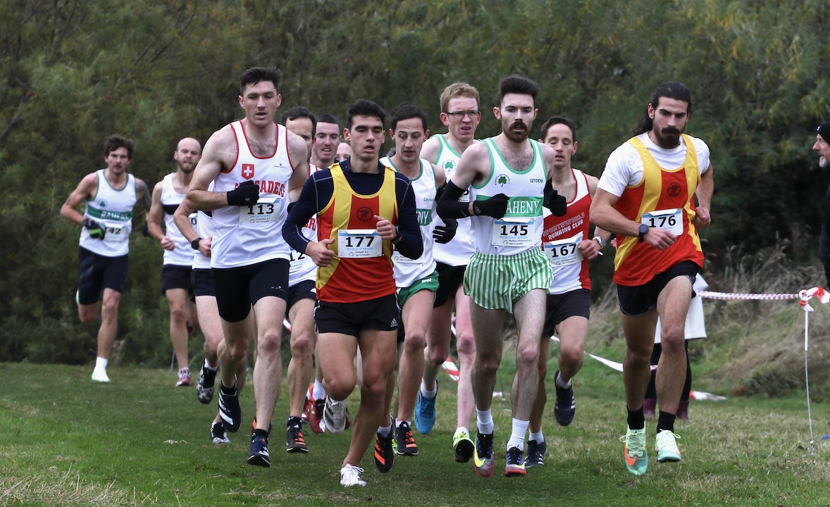 Leading group men’s race at Dublin Intermediate Cross-Country Championships